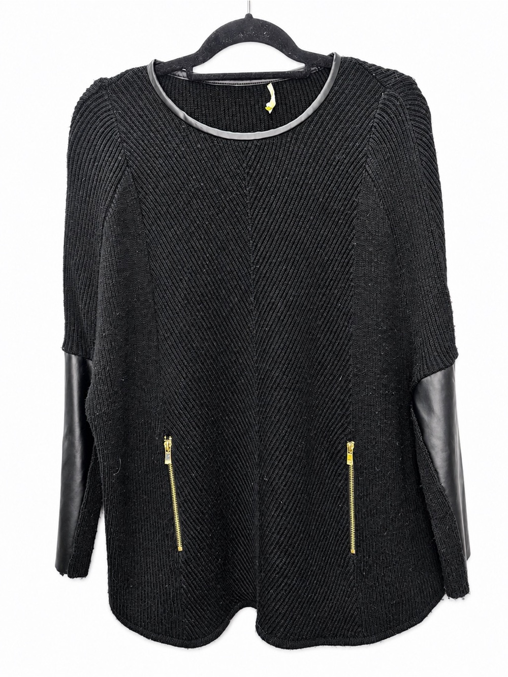 Gianni Bini Black Wool Blend Leather Sleeve Sweater with Gold Zippers SMALL